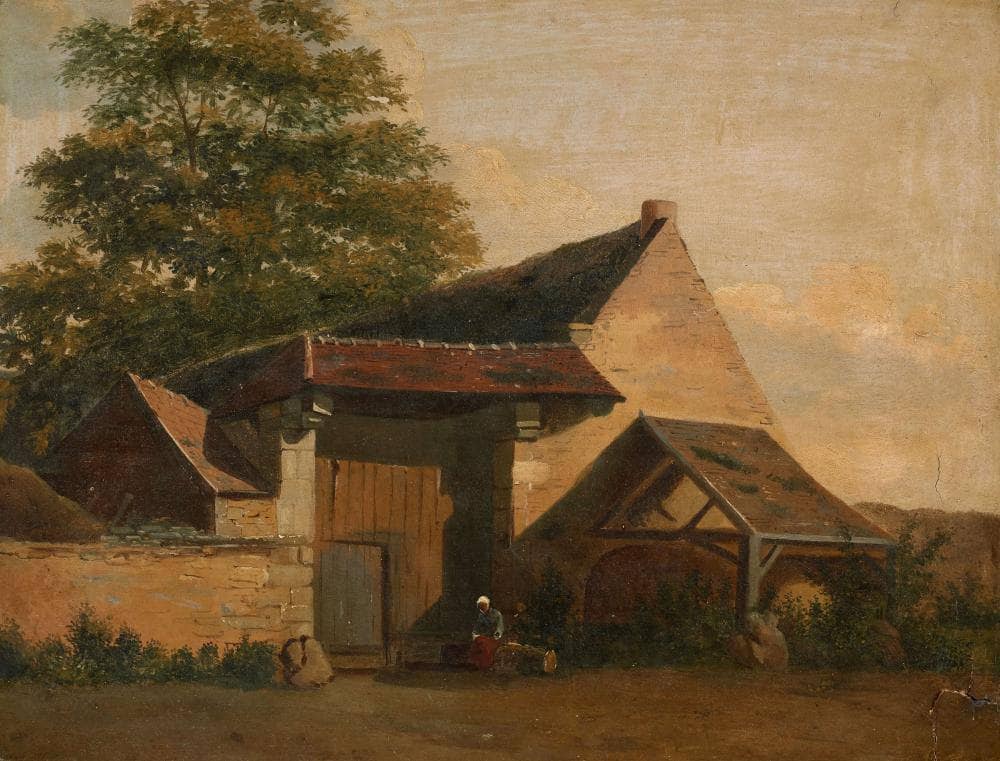 Exterior of a farmhouse with a woman sitting in front of the porch by Ernst Meyer — hand-painted landscape oil painting reproduction on canvas