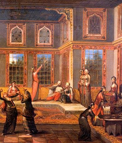 Harem Scene with the Sultan by Jean Baptiste Vanmour — hand-painted architectural oil painting reproduction on canvas