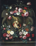 he Virgin and Child, in a Sculpted Cartouche, Surrounded by Garlands of Roses, Tulips, Carnations, Lillies and Other Flowers by Jan van Kessel the Elder — hand-painted still oil painting reproduction on canvas
