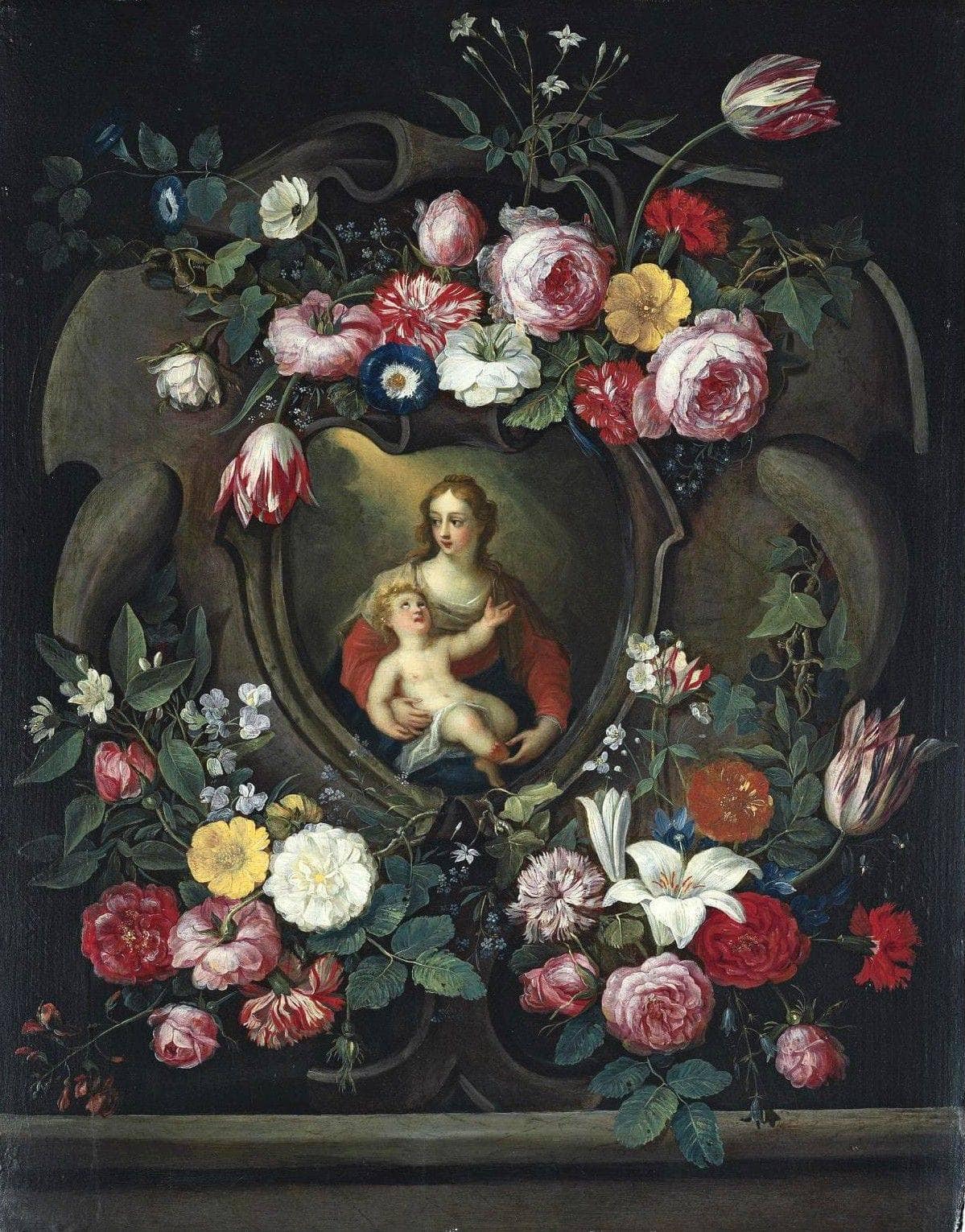 he Virgin and Child, in a Sculpted Cartouche, Surrounded by Garlands of Roses, Tulips, Carnations, Lillies and Other Flowers
