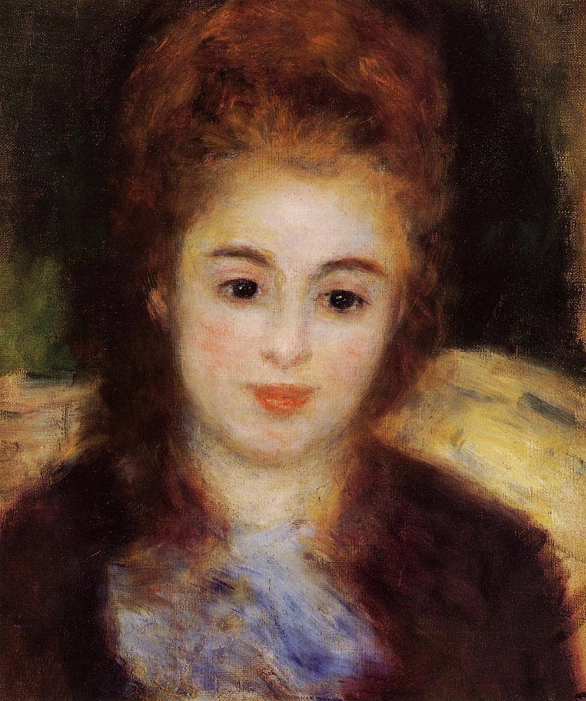 Head of a Young Woman Wearing a Blue Scarf (Madame Henriot) by Pierre-Auguste Renoir — hand-painted portrait oil painting reproduction on canvas