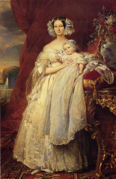 Helene-Louise de Mecklembourg-Schwerin, Duchess of Orleans with his son Count of Paris in hallway