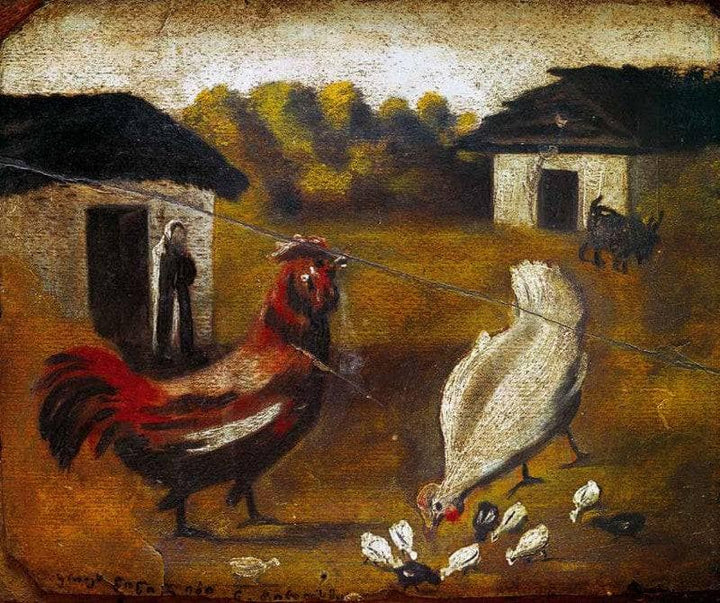 Hen with chicken by Niko Pirosmani — hand-painted animal oil painting reproduction on canvas