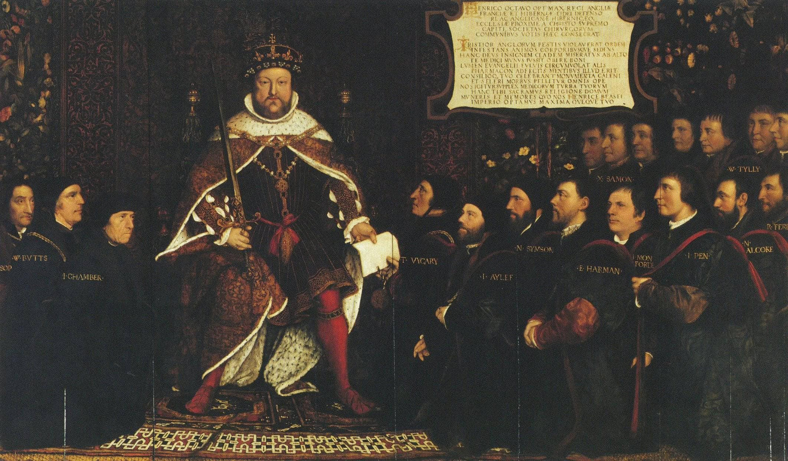 Henry VIII handing over a charter to Thomas Vicary, commemorating the joining of the Barbers and Surgeons Guilds