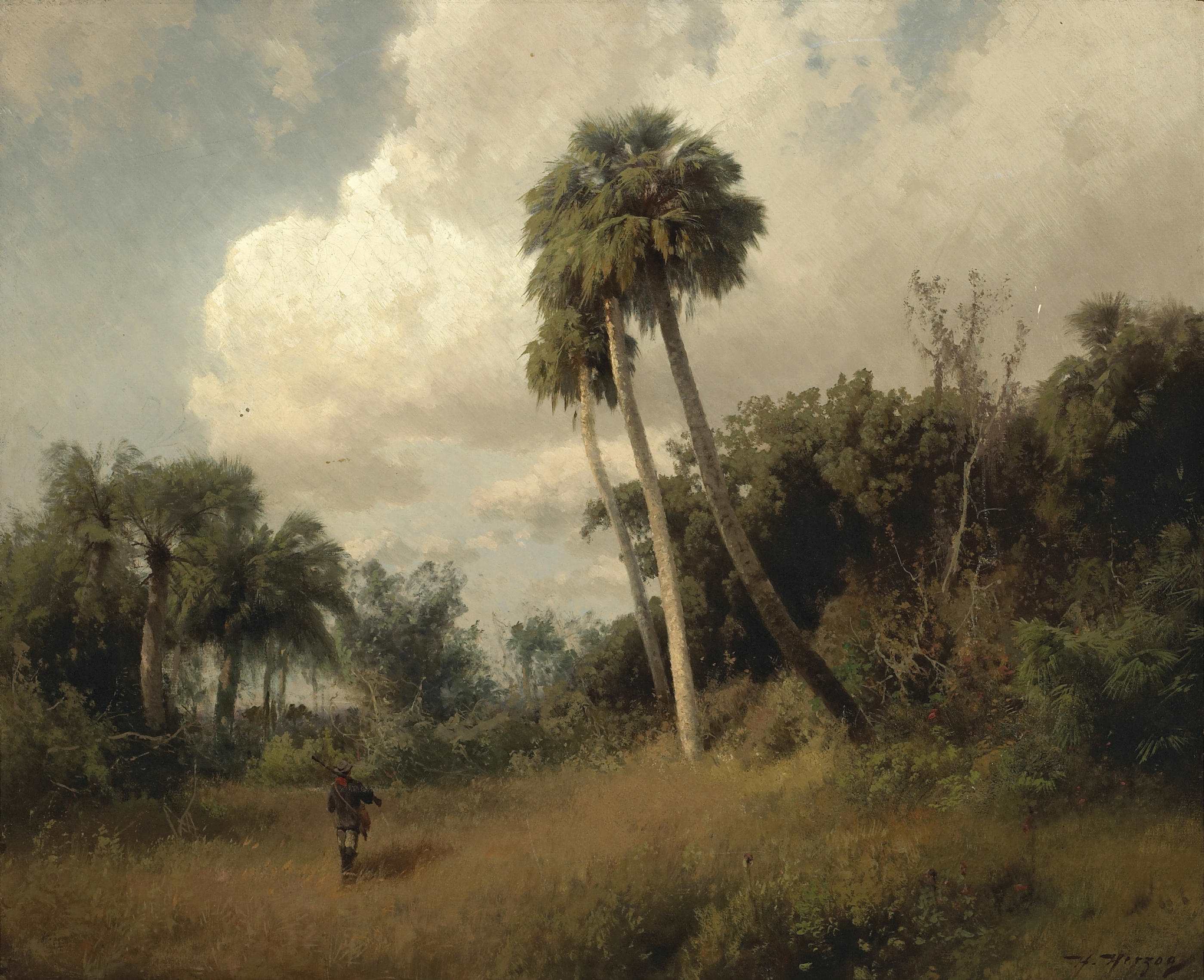 A Hunter Among Windswept Palms and Passing Clouds - Hermann Ottomar Herzog