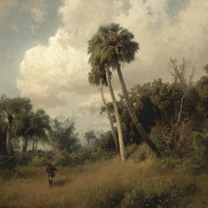 A Hunter Among Windswept Palms and Passing Clouds by Hermann Ottomar Herzog — Oil Painting Reproduction