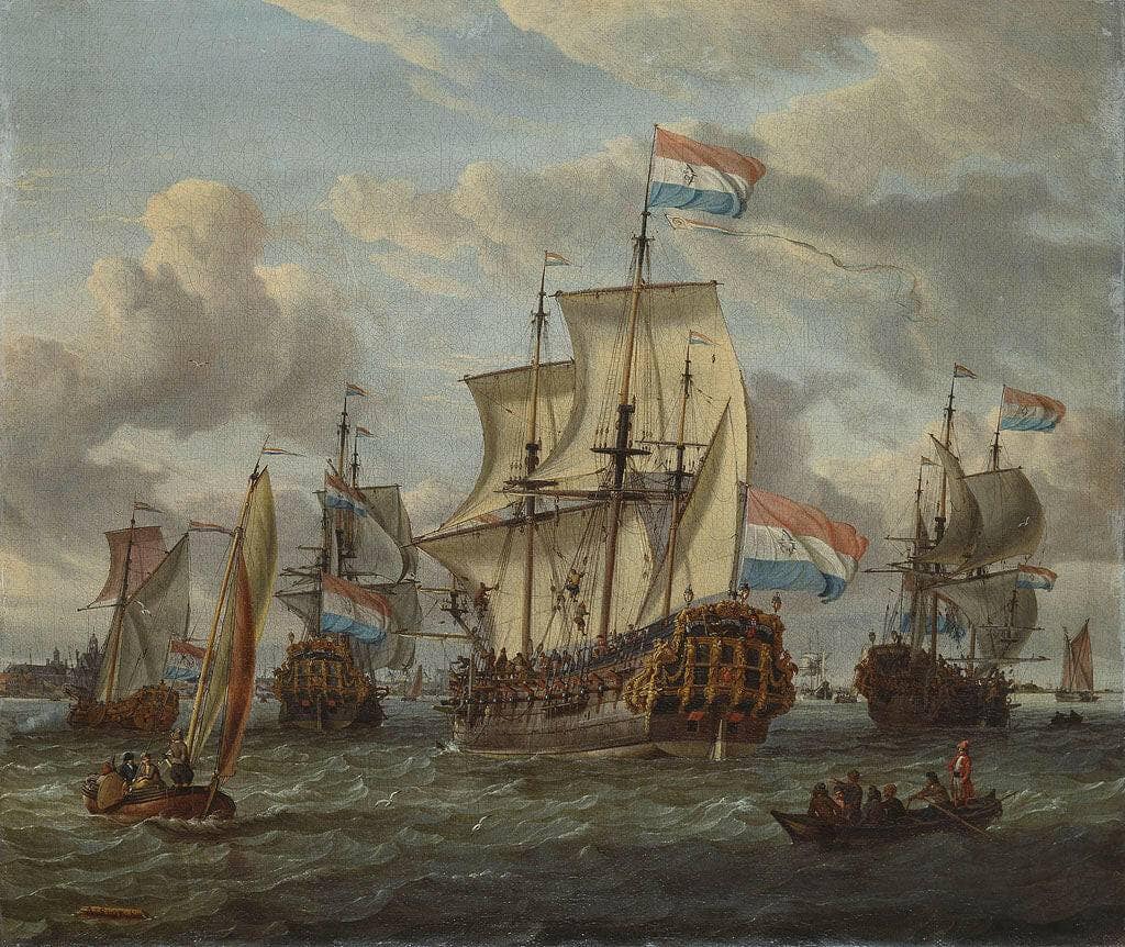 Het Fregat Pieter En Paul Op Het Ij-het Met Medewerking Van Czaar Peter De Grote in Januari 1698 Voltooide Fregat Pieter En Paul Op Het Ij-the Frigate âpeter and Paulâ on the River Ij by Abraham Storck — hand-painted seascapes oil painting reproduction on canvas