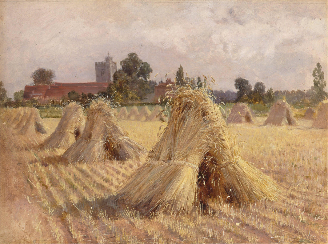 Corn Stooks by Bray Church by Heywood Hardy — hand-painted landscape oil painting reproduction on canvas