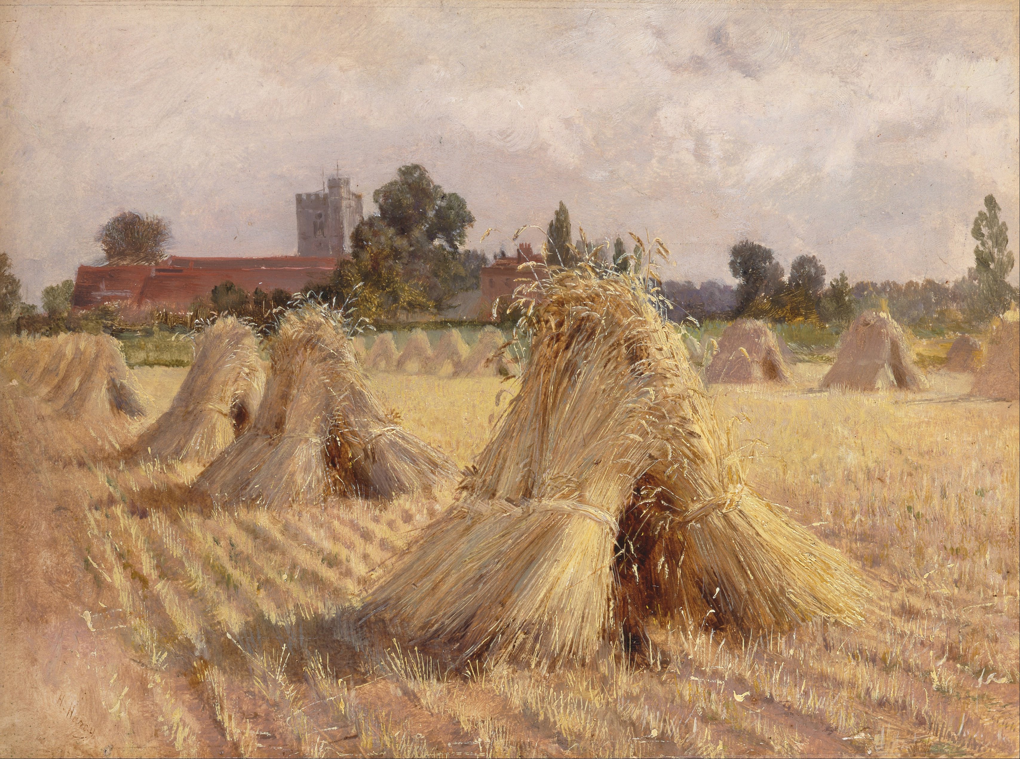 Corn Stooks by Bray Church - Heywood Hardy