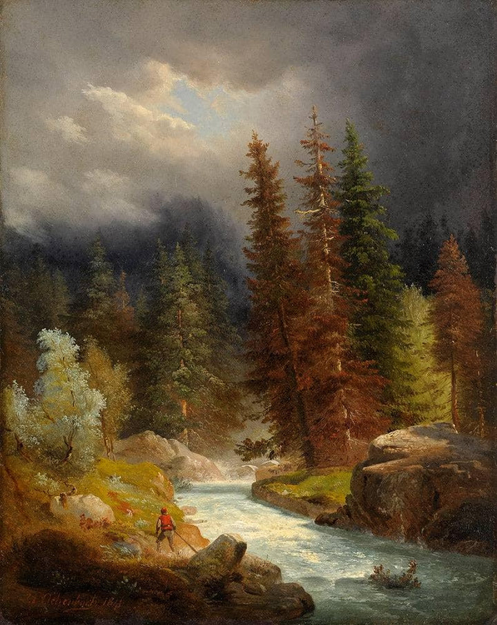 Hikers At A Torrent by Andreas Achenbach — hand-painted botanical oil painting reproduction on canvas