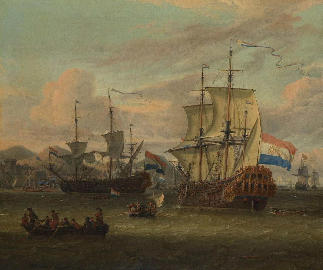 Hollandse Straatvaarders Bij Een Haven Aan De Middellandse Zee-hollandse Straatvaarders Bij Een Middellandse-zeehaven-zeegezicht by Abraham Storck — hand-painted seascapes oil painting reproduction on canvas