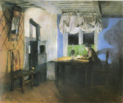 Homework by Lamp Light by Harriet Backer — oil painting reproduction