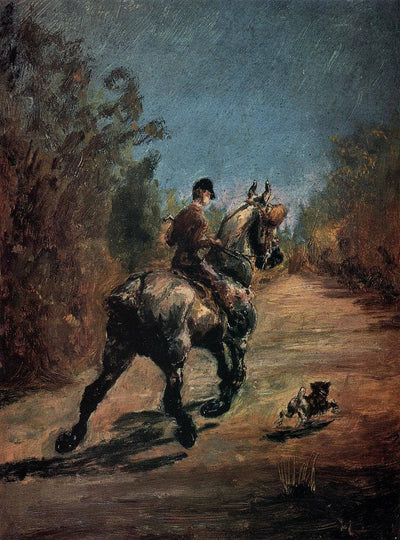Horse and Rider with a Little Dog in kitchen