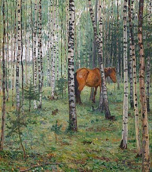 Horse between Birches by Nikolay Bogdanov-Belsky — hand-painted animal oil painting reproduction on canvas