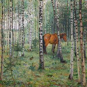 Horse between Birches