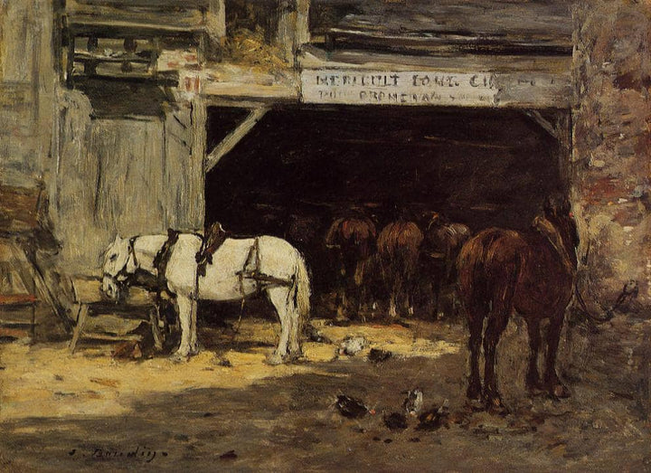 Horses for Hire in a Yard by Eugene Boudin — hand-painted animal oil painting reproduction on canvas