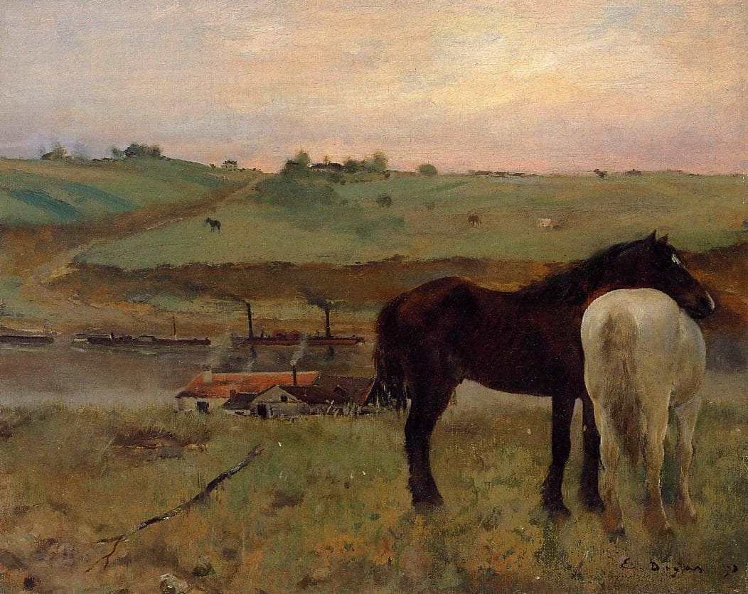 Horses in a Meadow by Edgar Degas — hand-painted animal oil painting reproduction on canvas