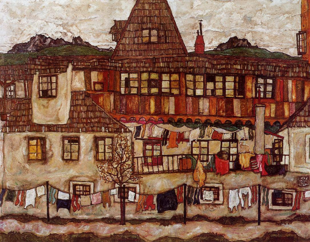 House with Drying Laundry by Egon Schiele — hand-painted architectural oil painting reproduction on canvas