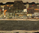 Houses by the River (The Old City) by Egon Schiele — hand-painted architectural oil painting reproduction on canvas
