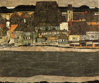 Houses by the River (The Old City) by Egon Schiele — hand-painted architectural oil painting reproduction on canvas