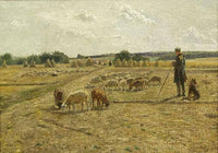 Field landscape with shepherd boy, dog and flock of sheep