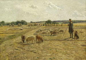 Field landscape with shepherd boy, dog and flock of sheep - Hugo Mühlig