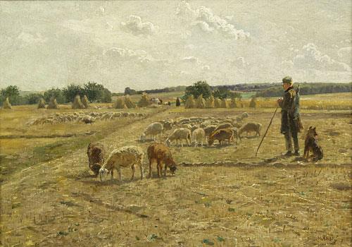 Field landscape with shepherd boy, dog and flock of sheep - Hugo Mühlig