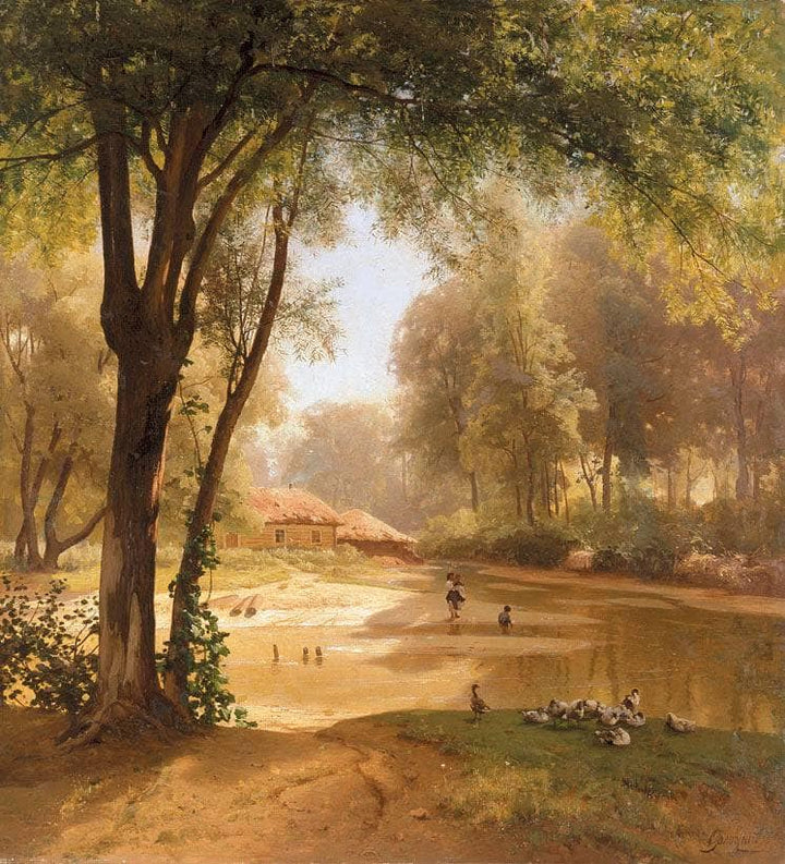 Huts in the  forest. Calm. by Volodymyr Orlovsky — hand-painted botanical oil painting reproduction on canvas