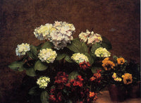 Hydrangias, Cloves and Two Pots of Pansies by Henri Fantin-Latour — hand-painted botanical oil painting reproduction on canvas