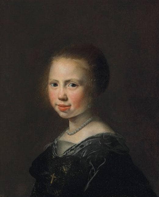 Portrait of a girl, bust-length, in a black dress and pearl necklace by Jan de Bray — hand-painted portrait oil painting reproduction on canvas