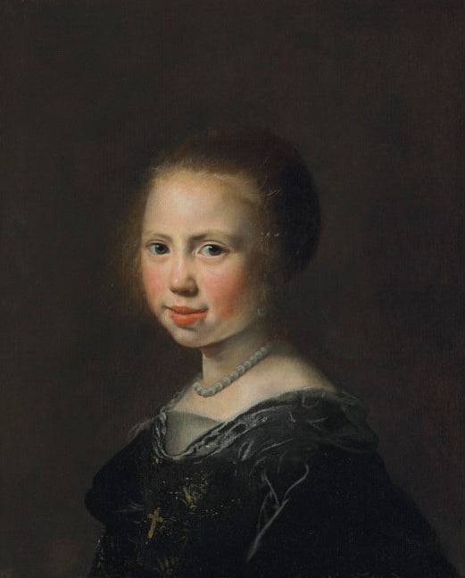 Portrait of a girl, bust-length, in a black dress and pearl necklace - Jan de Bray