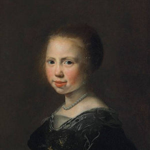Portrait of a girl, bust-length, in a black dress and pearl necklace