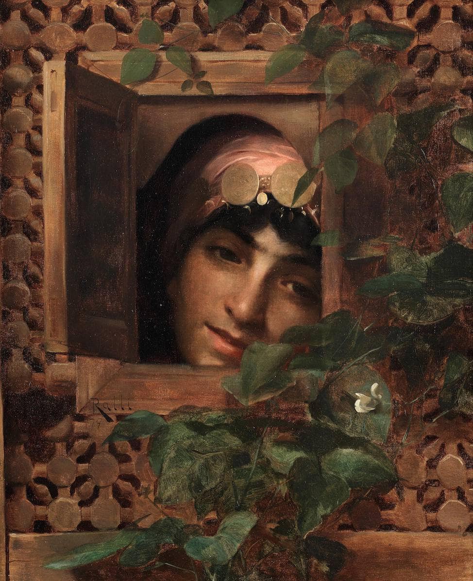 Woman peeking from the wooden lattice by Théodore Ralli — hand-painted portrait oil painting reproduction on canvas