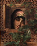 Woman peeking from the wooden lattice by Théodore Ralli — hand-painted portrait oil painting reproduction on canvas
