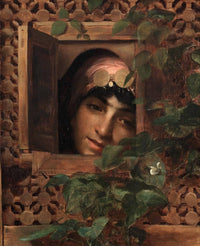 Woman peeking from the wooden lattice by Théodore Ralli — hand-painted portrait oil painting reproduction on canvas