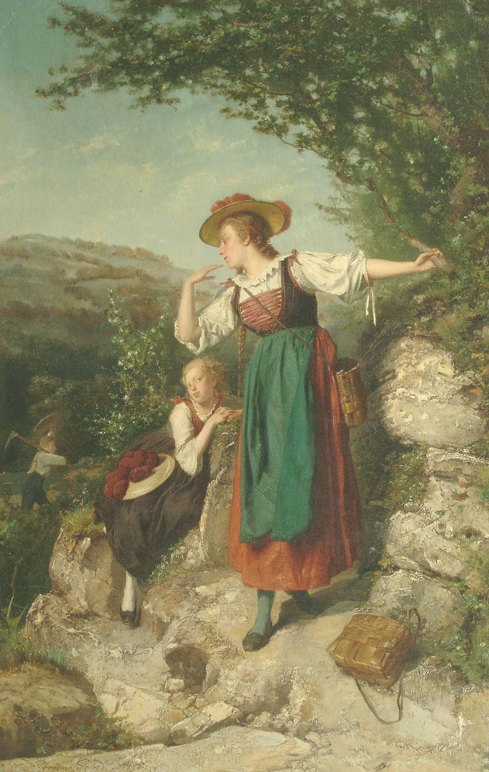Two ladies resting on a rocky pathway by Theodore Gerard — hand-painted landscape oil painting reproduction on canvas