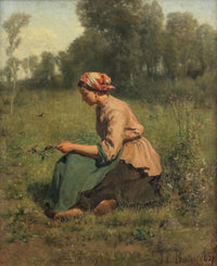 Young Peasant Woman Playing with Cockchafers by Jules Breton — hand-painted portrait oil painting reproduction on canvas