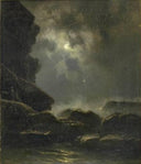 Rocky coastal landscape with moonlight by Knud Baade — hand-painted landscape oil painting reproduction on canvas