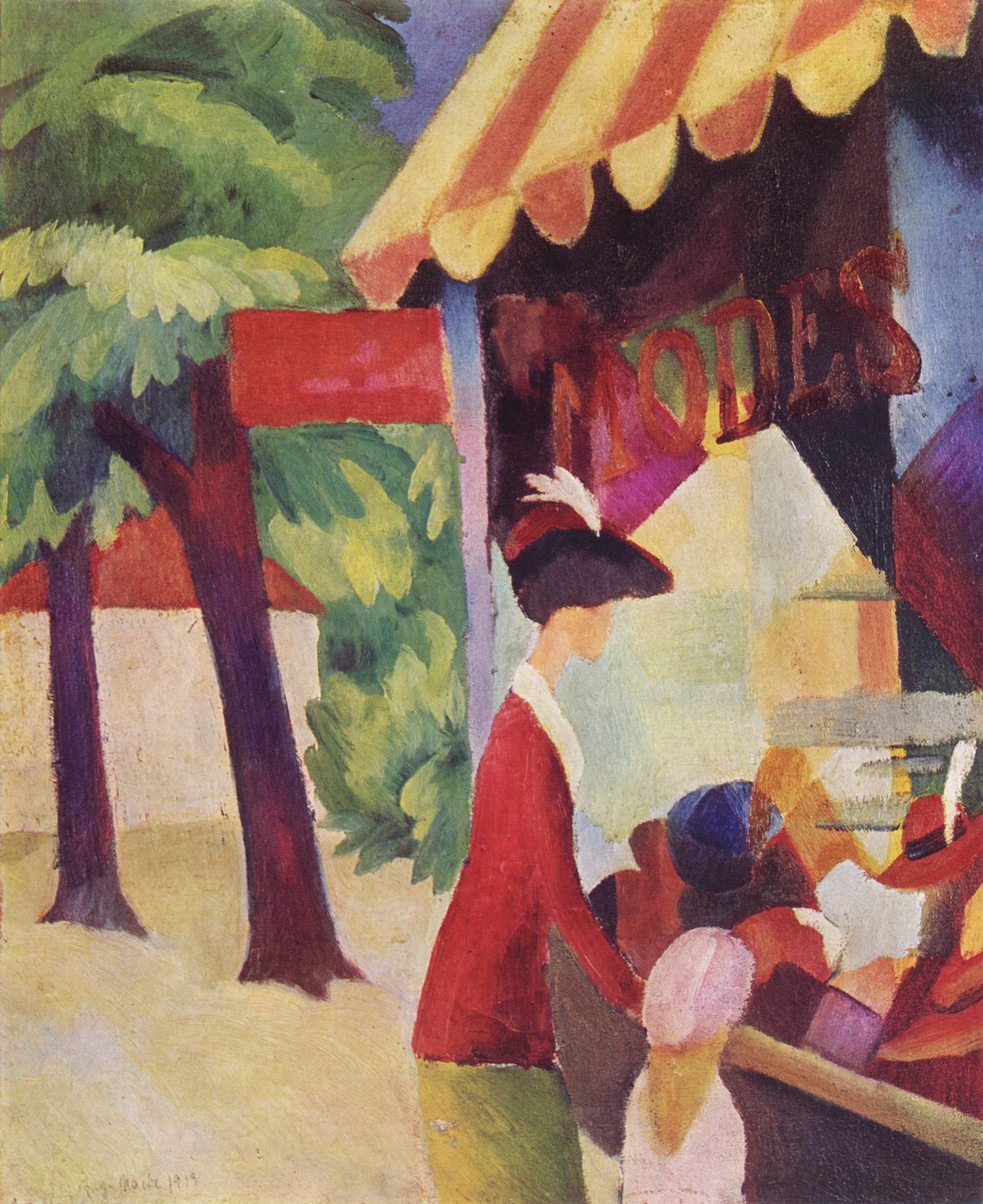 In Front of the Hat Shop (woman with red jacket and child) - August Macke