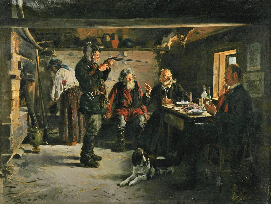 In the Forester's Hut by Vladimir Makovsky — hand-painted architectural oil painting reproduction on canvas