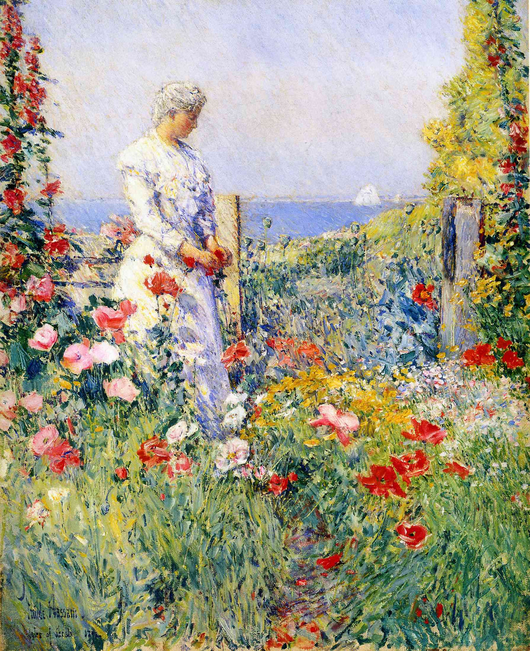 In the Garden (Celia Thaxter in Her Garden) by Childe Hassam — hand-painted botanical oil painting reproduction on canvas