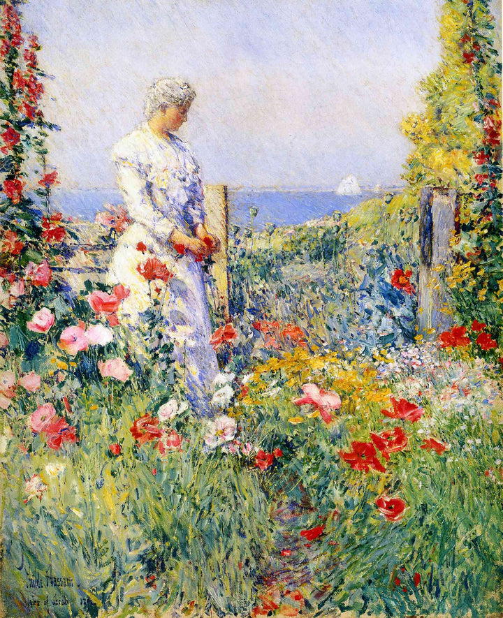 In the Garden (Celia Thaxter in Her Garden) by Childe Hassam — hand-painted botanical oil painting reproduction on canvas