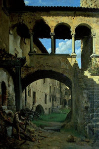 Interior of a Trentino castle, partially ruined with a male figure working with a sickle by Achille Glisenti — hand-painted architectural oil painting reproduction on canvas