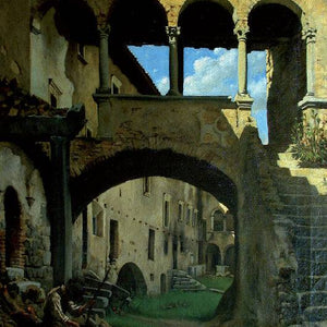 Interior of a Trentino castle, partially ruined with a male figure working with a sickle