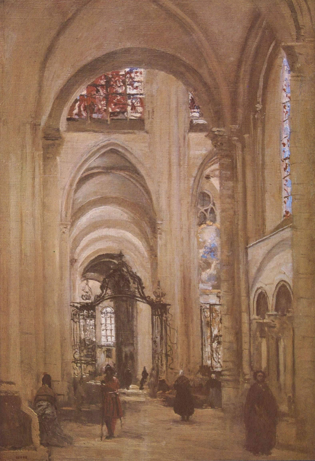 Interior of the Cathedral of St. Etienne, Sens by Camille Corot — hand-painted architectural oil painting reproduction on canvas