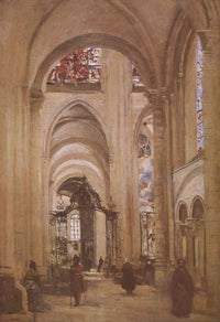 Interior of the Cathedral of St. Etienne, Sens by Camille Corot — hand-painted architectural oil painting reproduction on canvas
