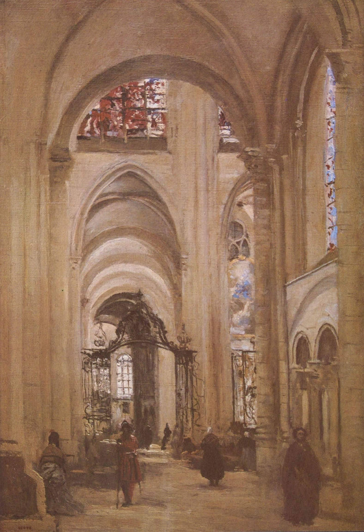 Interior of the Cathedral of St. Etienne, Sens by Camille Corot — hand-painted architectural oil painting reproduction on canvas