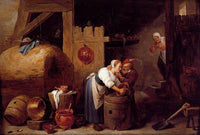 Interior scene with a young woman scrubbing pots while an old man makes advances by David Teniers the Younger — hand-painted landscape oil painting reproduction on canvas