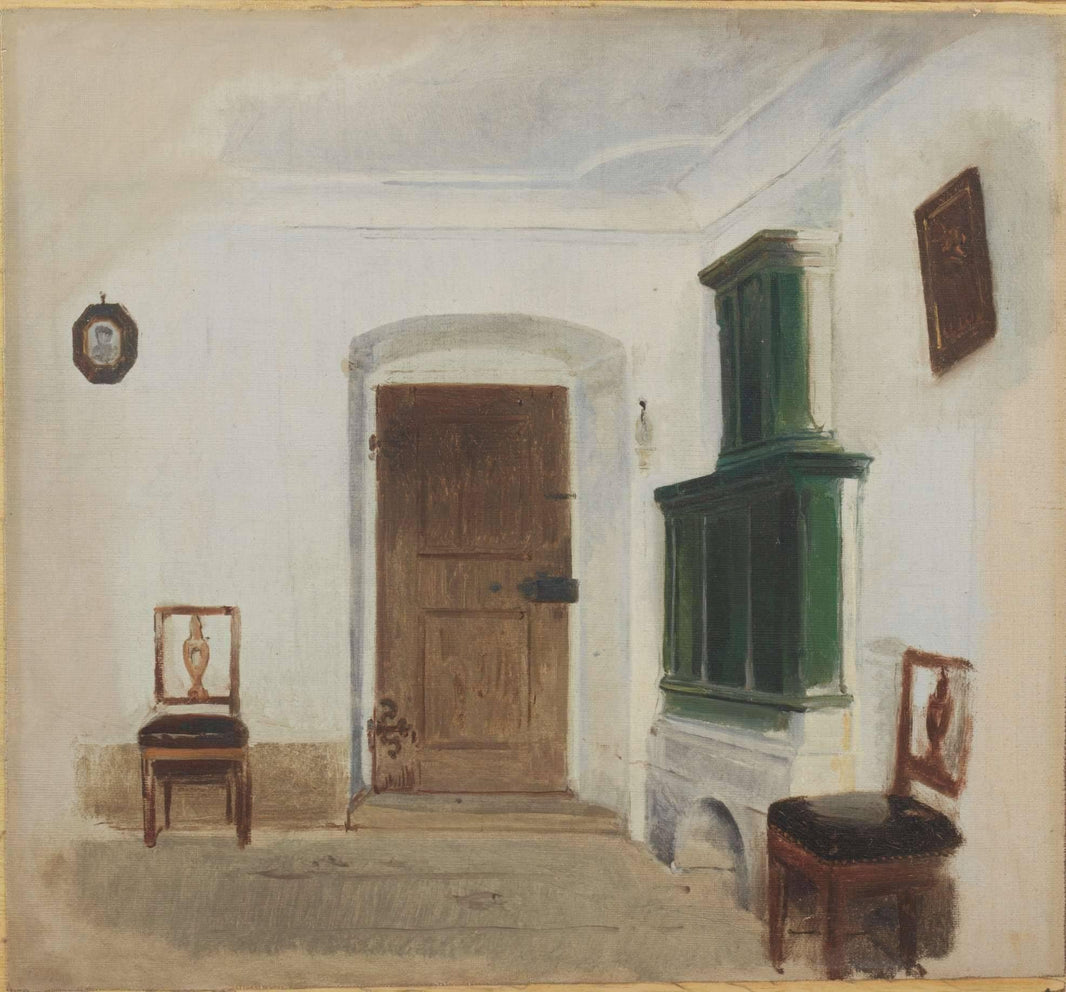 Interior with a green tiled stove by Ludwig Knaus — hand-painted architectural oil painting reproduction on canvas