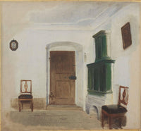 Interior with a green tiled stove